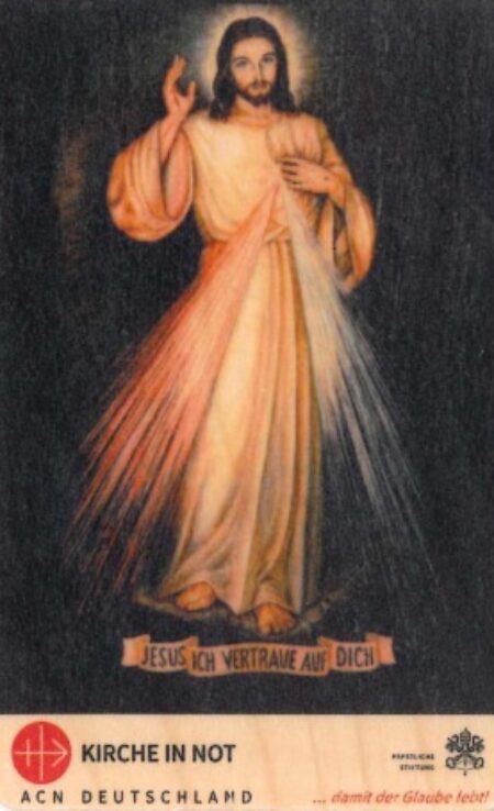 Gebetskarte <br class=”clear” />Barmherziger Jesus - nachhaltig auf Holz gedruckt.