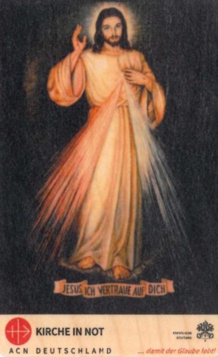 Gebetskarte <br class=”clear” />Barmherziger Jesus - nachhaltig auf Holz gedruckt.